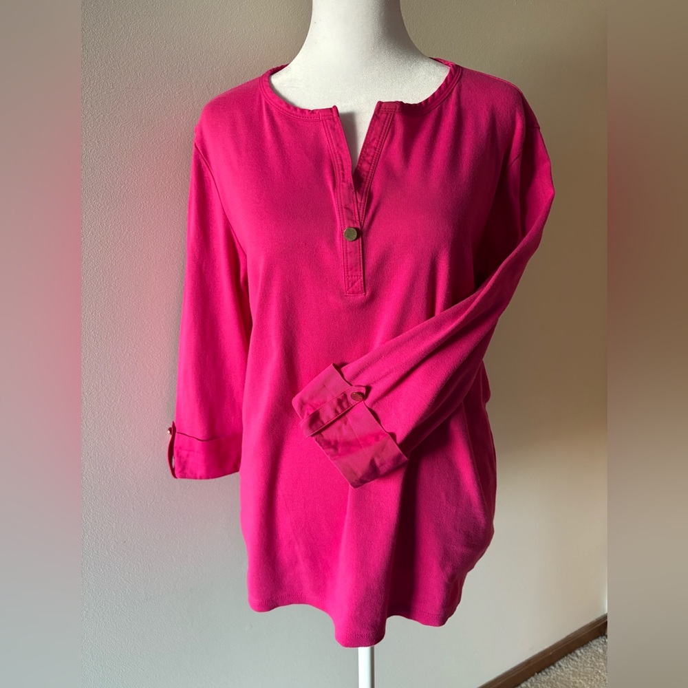 Jones New York Sport Hot Pink Knit 3/4 Sleeve Woman’s Top. V-Neck. Sz Large